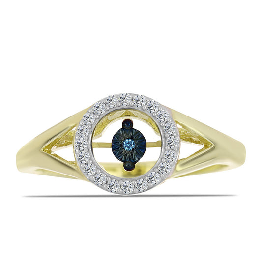 Anillo de Plata Bañada en Oro con Diamante azul danzante y Topacio Blanco