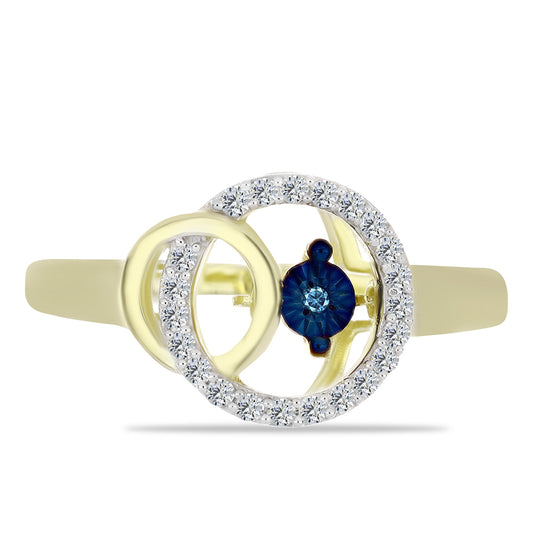 Anillo de Plata Bañada en Oro con Diamante azul danzante y Topacio Blanco