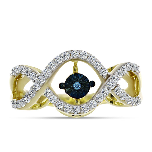 Anillo de Plata Bañada en Oro con Diamante azul danzante y Topacio Blanco