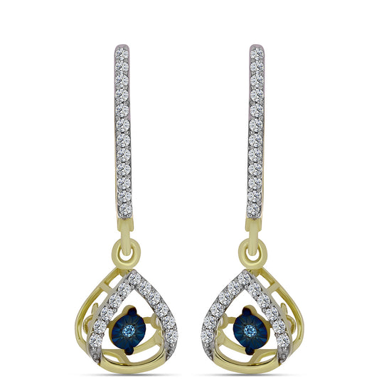 Pendientes de Plata Bañada en Oro con Diamante azul danzante y Topacio Blanco