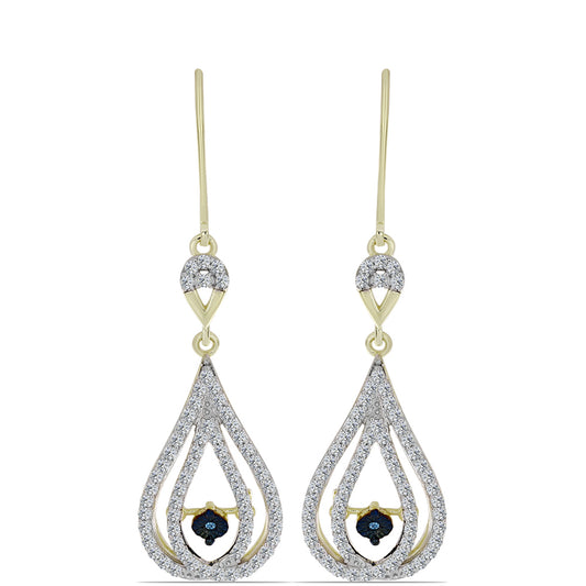 Pendientes de Plata Bañada en Oro con Diamante azul danzante y Topacio Blanco