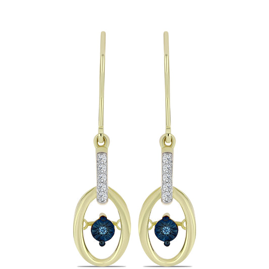 Pendientes de Plata Bañada en Oro con Diamante azul danzante y Topacio Blanco