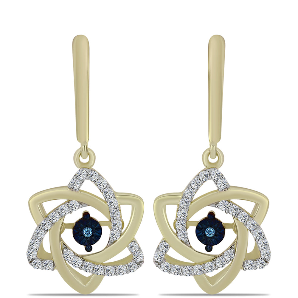 Pendientes de Plata Bañada en Oro con Diamante azul danzante y Topacio Blanco 3 