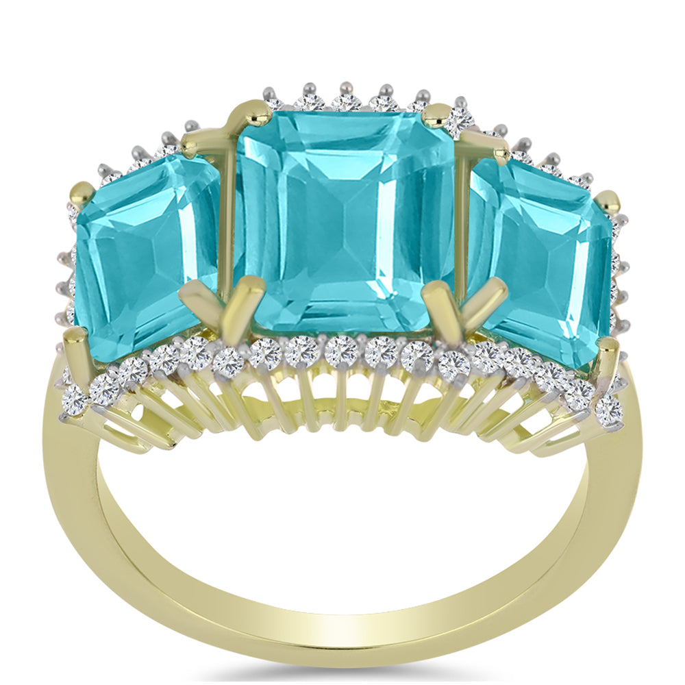 Anillo de Plata Bañada en Oro con Cuarzo Paraiba y Topacio Blanco
