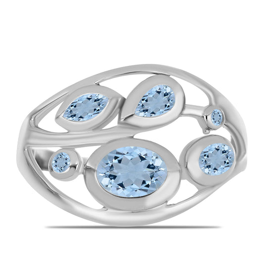 Anillo de Plata con Aguamarina del Condado de Embu y Topacio Blanco