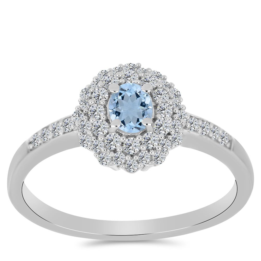 Anillo de Plata con Aguamarina del Condado de Embu y Topacio Blanco
