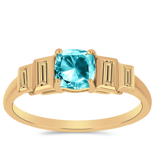 Anillo de Plata Bañada en Oro con Cuarzo Paraiba y Zircón Blanco
