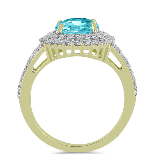 Anillo de Plata Bañada en Oro con Cuarzo Paraiba y Topacio Blanco