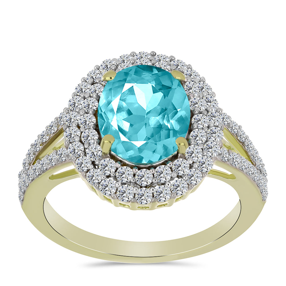 Anillo de Plata Bañada en Oro con Cuarzo Paraiba y Topacio Blanco