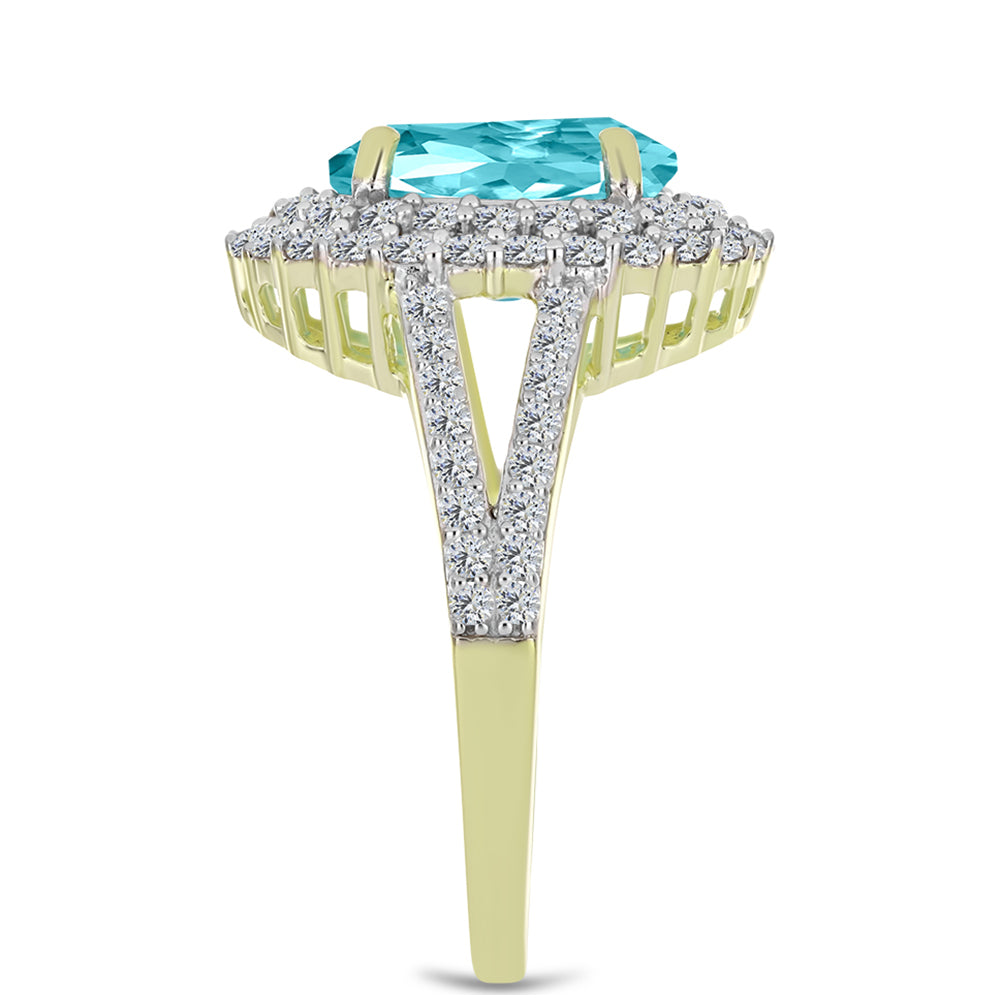 Anillo de Plata Bañada en Oro con Cuarzo Paraiba y Topacio Blanco 8 