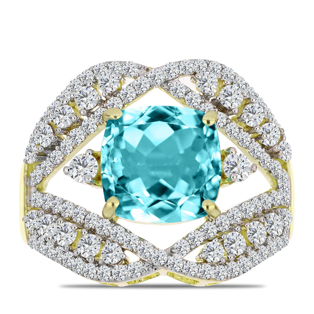 Anillo de Plata Bañada en Oro con Cuarzo Paraiba y Topacio Blanco 1 