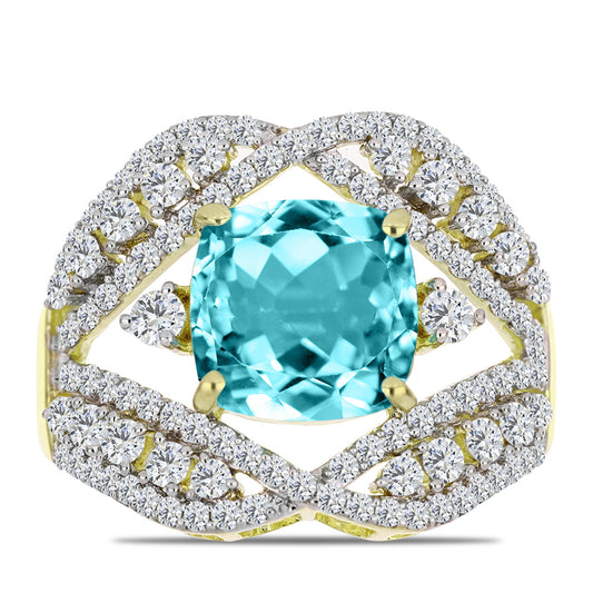Anillo de Plata Bañada en Oro con Cuarzo Paraiba y Topacio Blanco