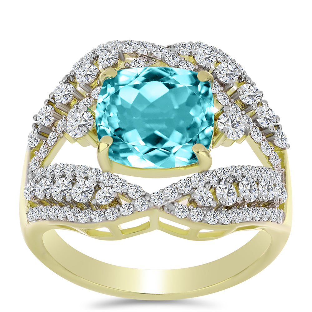Anillo de Plata Bañada en Oro con Cuarzo Paraiba y Topacio Blanco 3 