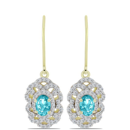 Pendientes de Plata Bañada en Oro con Cuarzo Paraiba y Topacio Blanco