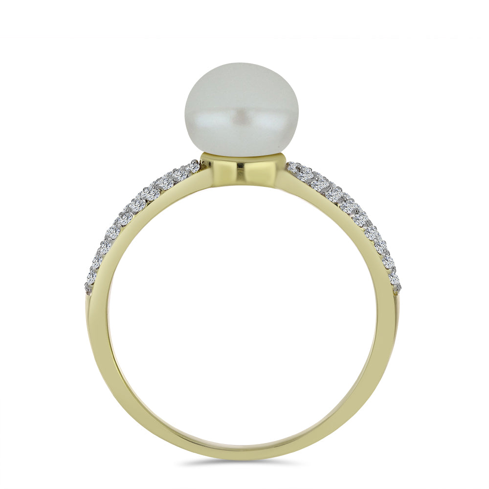 Anillo de Plata Bañada en Oro con Perla blanca de agua dulce y Topacio Blanco