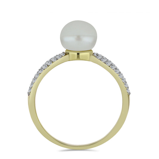 Anillo de Plata Bañada en Oro con Perla blanca de agua dulce y Topacio Blanco