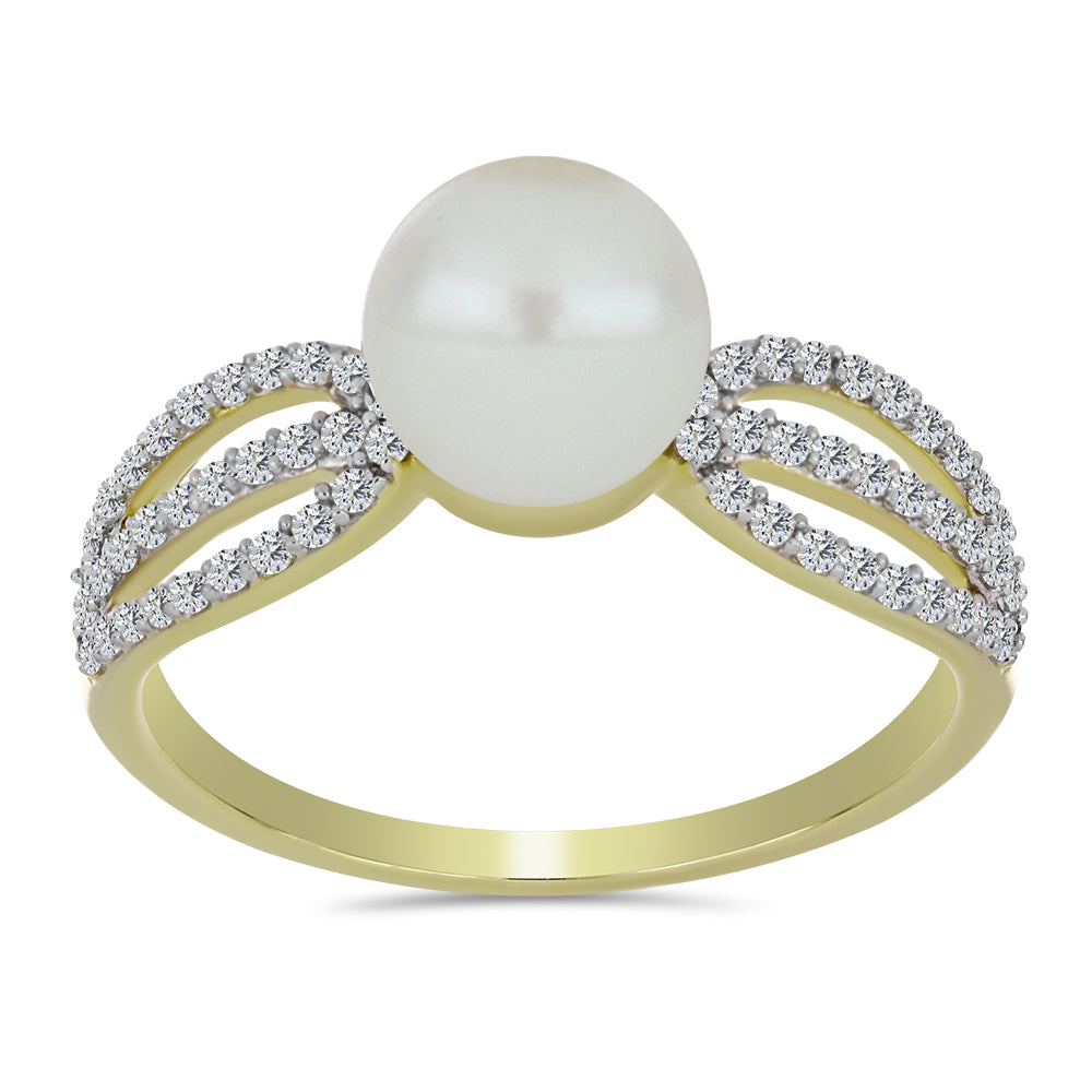 Anillo de Plata Bañada en Oro con Perla blanca de agua dulce y Topacio Blanco 3 