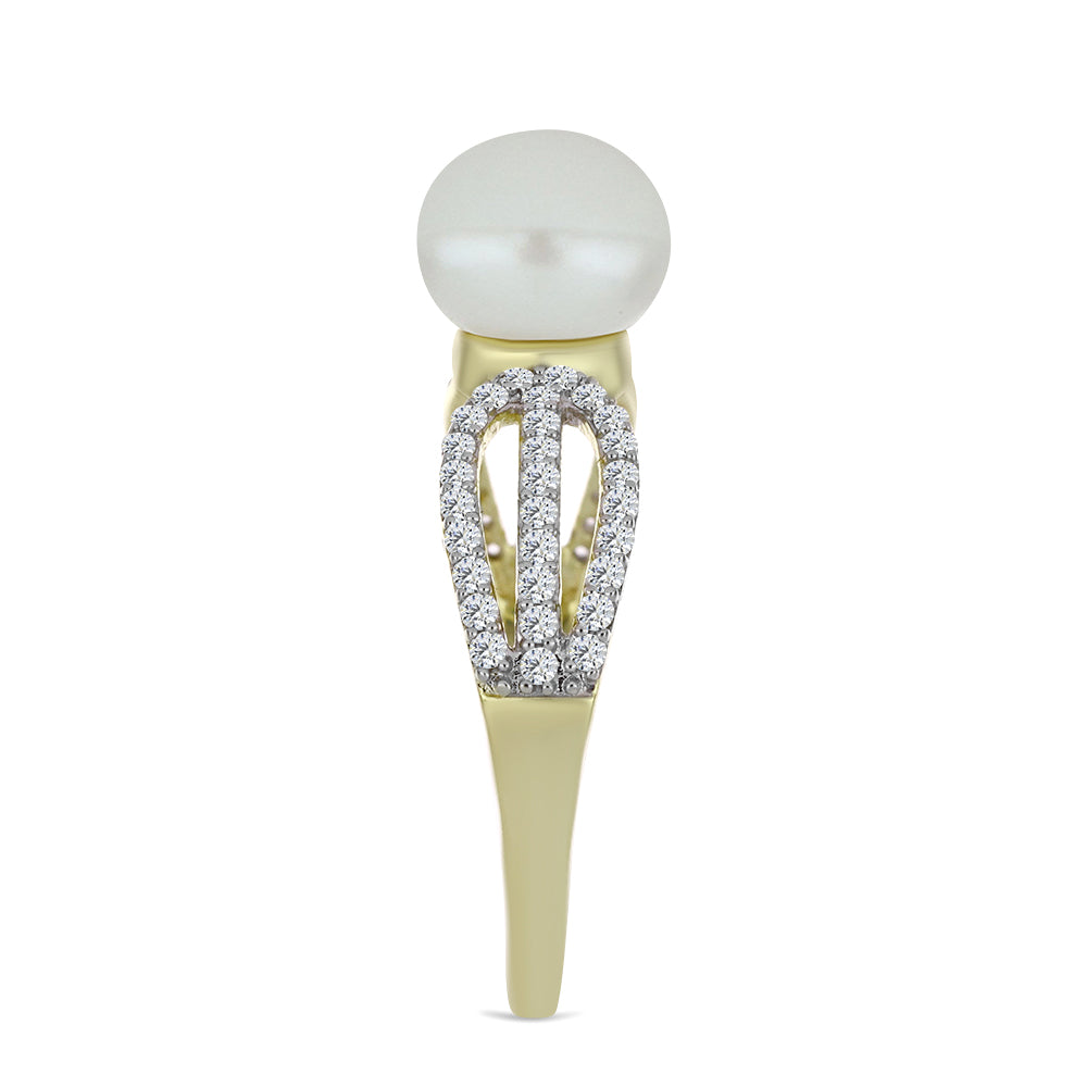 Anillo de Plata Bañada en Oro con Perla blanca de agua dulce y Topacio Blanco 4 