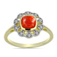 Anillo de Plata Bañada en Oro con Coral de Esponja Roja y Topacio Blanco