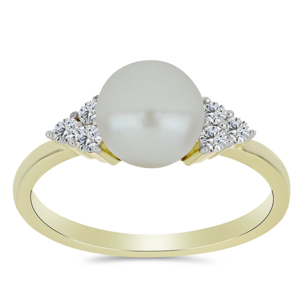 Anillo de Plata Bañada en Oro con Perla blanca de agua dulce y Topacio Blanco 3 