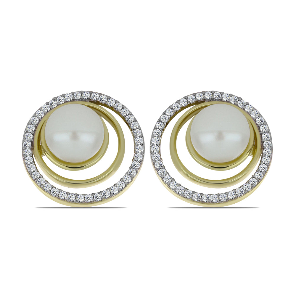 Pendientes de Plata Bañada en Oro con Perla blanca de agua dulce y Topacio Blanco