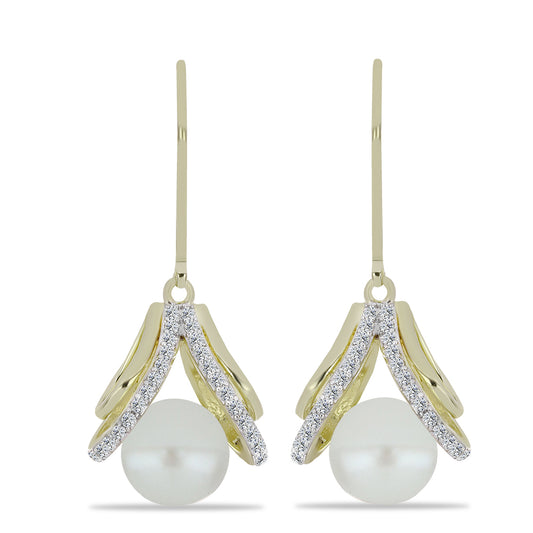 Pendientes de Plata Bañada en Oro con Perla blanca de agua dulce y Topacio Blanco