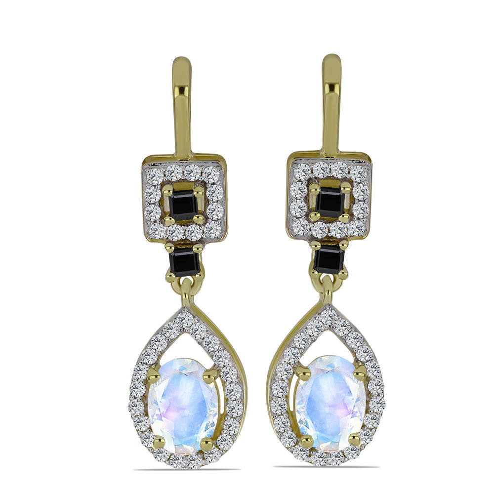 Pendientes de Plata Bañada en Oro con Piedra Lunar Arco Iris y Espinela Negra 1 