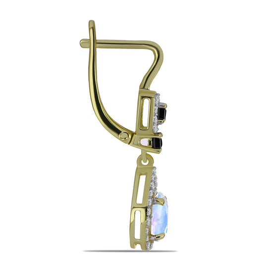 Pendientes de Plata Bañada en Oro con Piedra Lunar Arco Iris y Espinela Negra