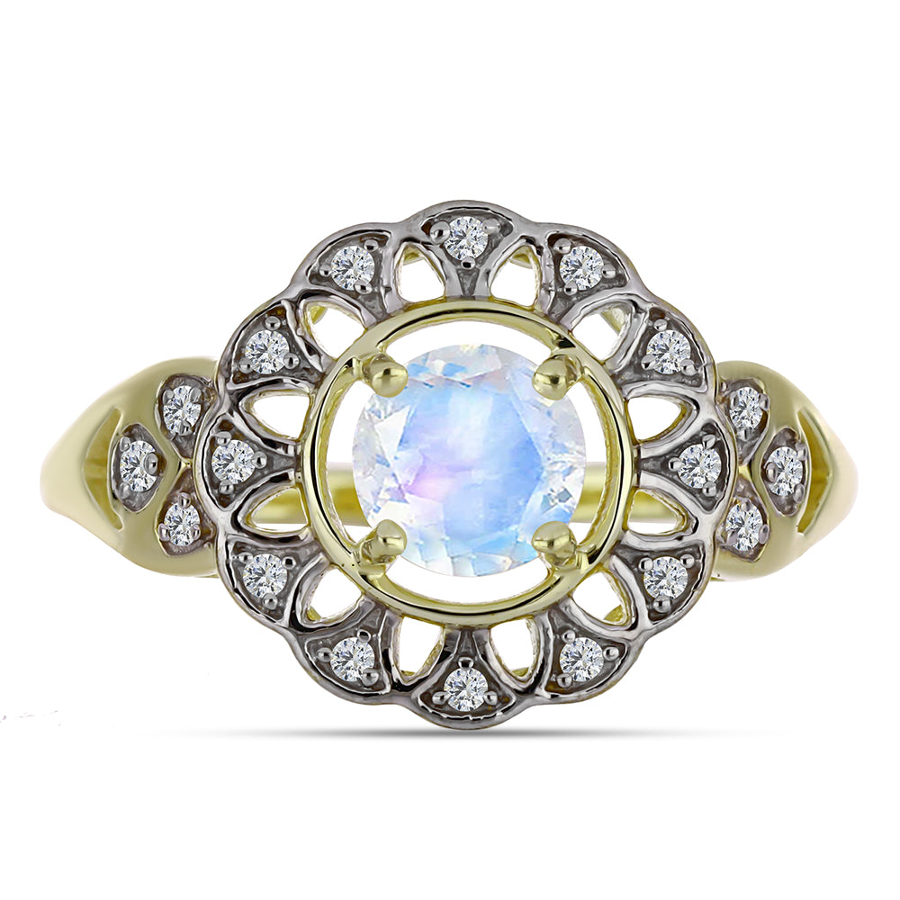 Anillo de Plata Bañada en Oro con Piedra Lunar Arco Iris y Topacio Blanco 1 