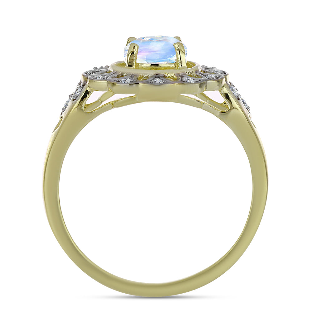 Anillo de Plata Bañada en Oro con Piedra Lunar Arco Iris y Topacio Blanco 2 