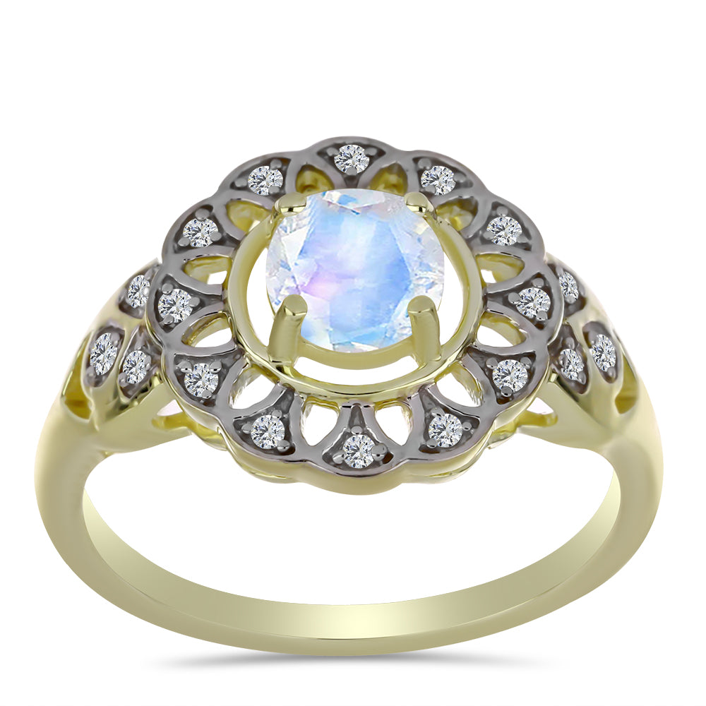 Anillo de Plata Bañada en Oro con Piedra Lunar Arco Iris y Topacio Blanco 3 