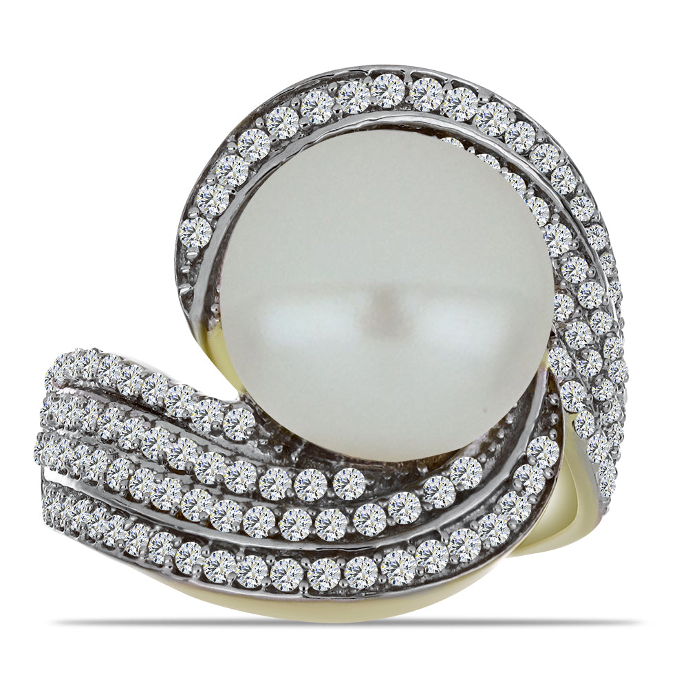 Anillo de Plata Bañada en Oro con Perla blanca de agua dulce y Topacio Blanco 1 
