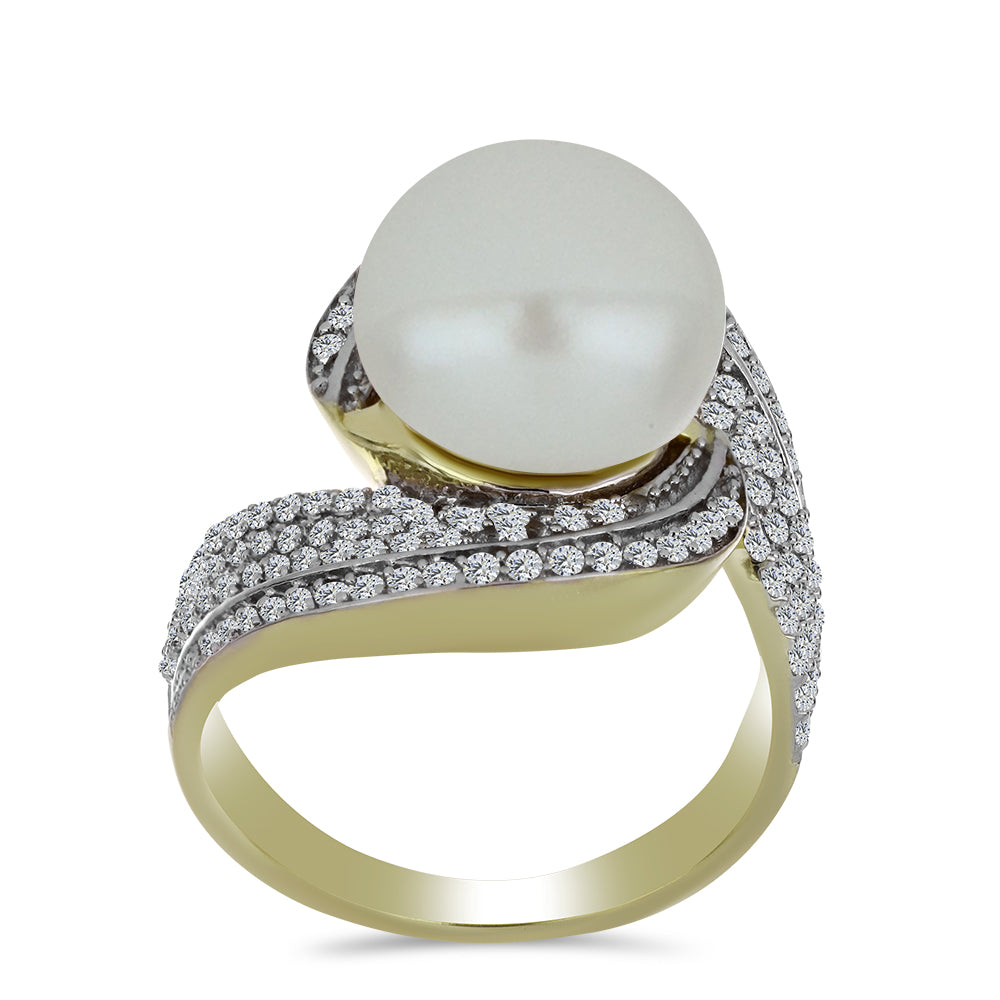 Anillo de Plata Bañada en Oro con Perla blanca de agua dulce y Topacio Blanco 3 