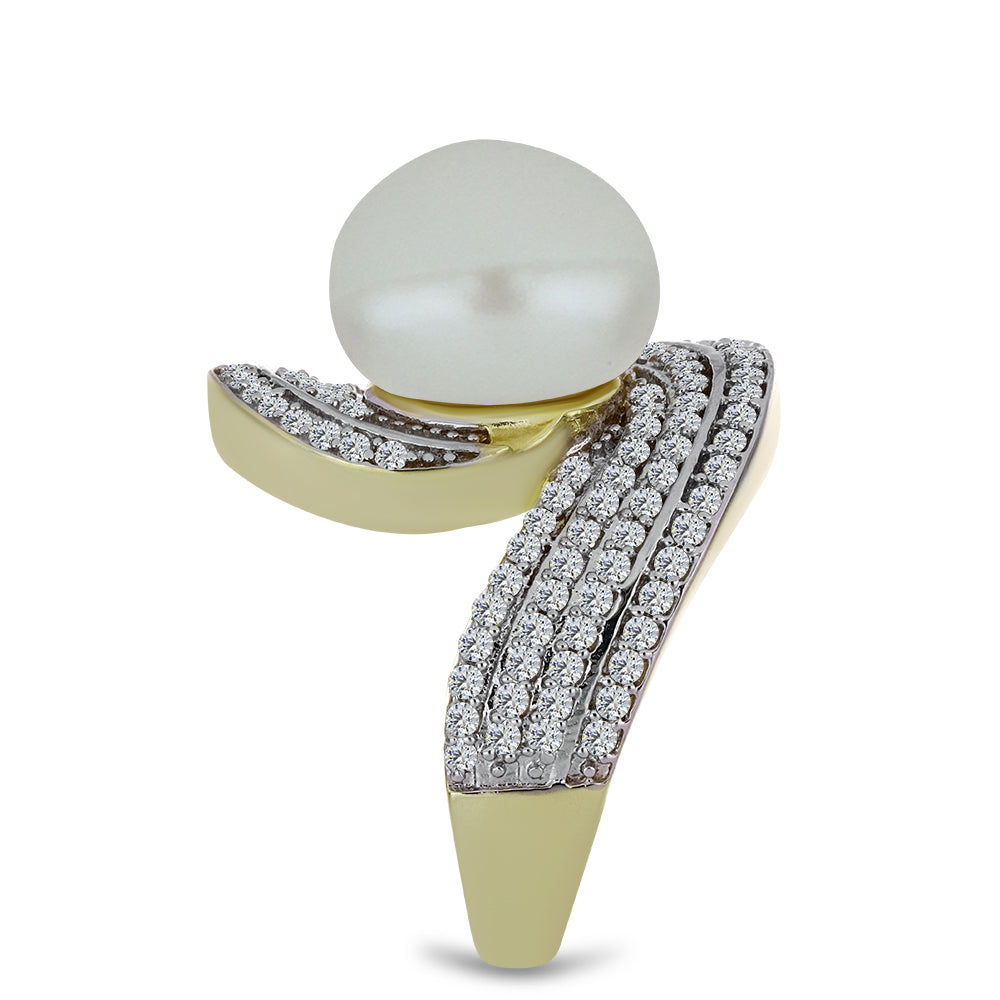 Anillo de Plata Bañada en Oro con Perla blanca de agua dulce y Topacio Blanco 4 