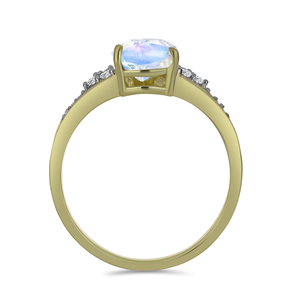 Anillo de Plata Bañada en Oro con Piedra Lunar Arco Iris y Topacio Blanco
