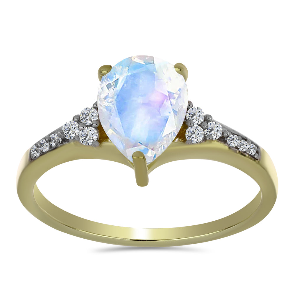 Anillo de Plata Bañada en Oro con Piedra Lunar Arco Iris y Topacio Blanco