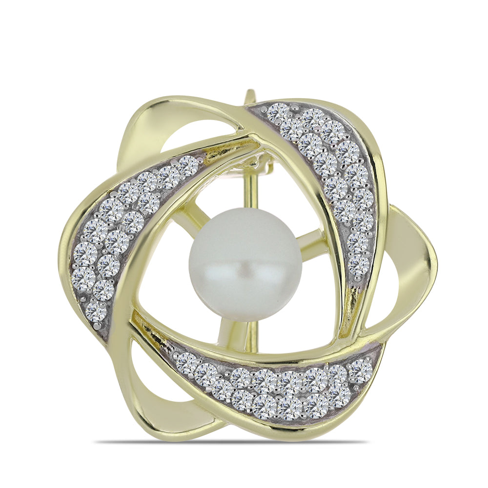 Broche de Plata Bañada en Oro con Perla blanca de agua dulce y Topacio Blanco 1 