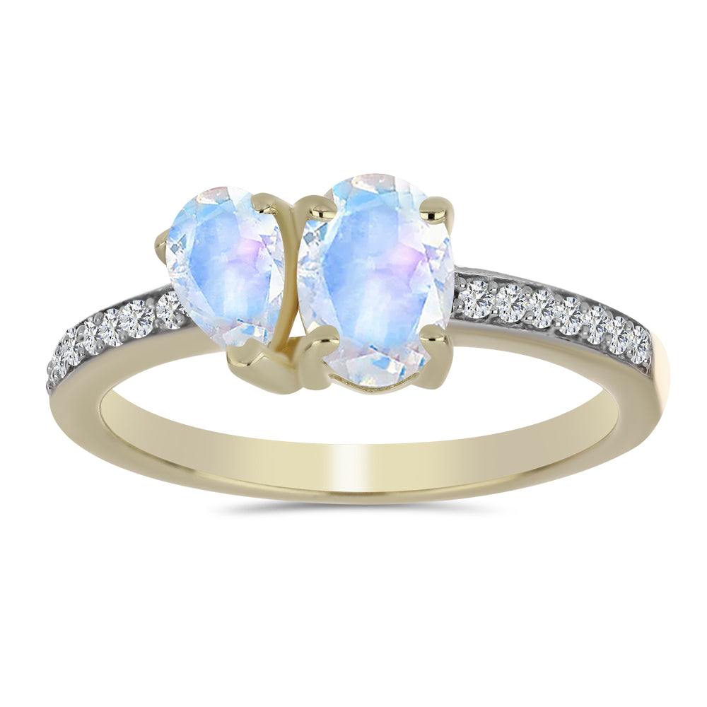 Anillo de Plata Bañada en Oro con Piedra Lunar Arco Iris y Topacio Blanco 3 
