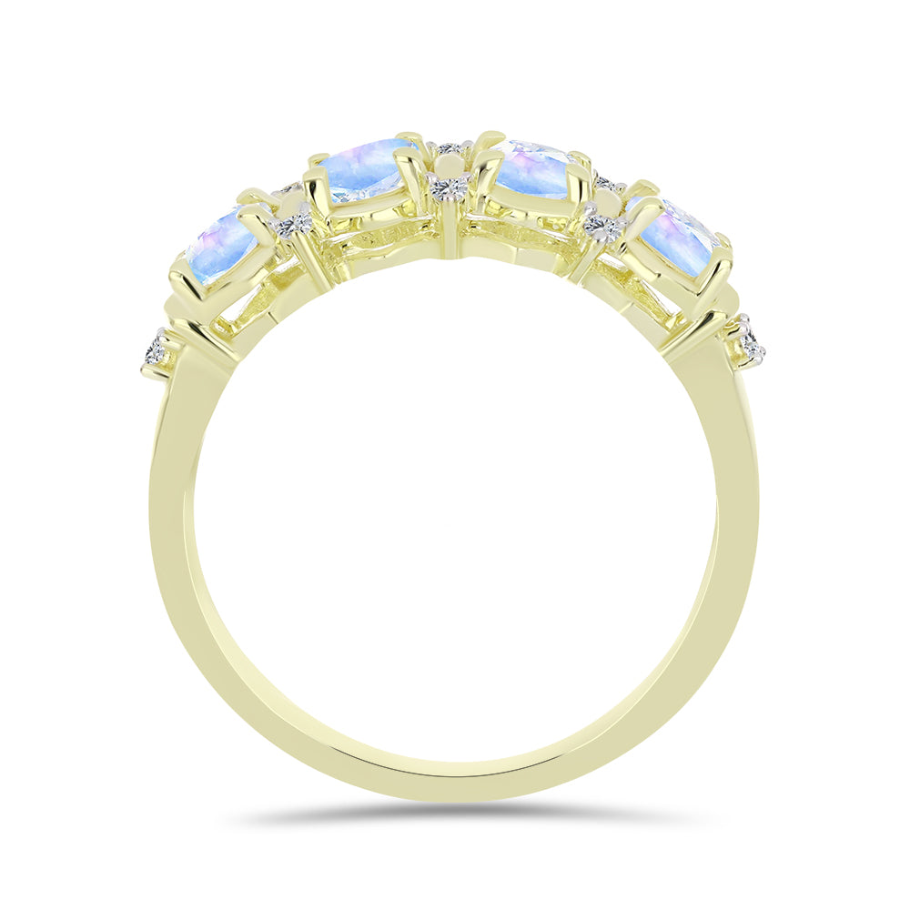 Anillo de Plata Bañada en Oro con Piedra Lunar Arco Iris y Topacio Blanco 2 