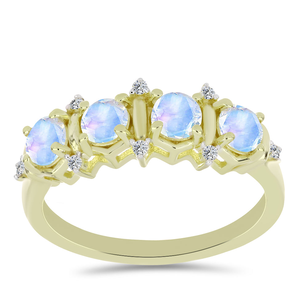 Anillo de Plata Bañada en Oro con Piedra Lunar Arco Iris y Topacio Blanco 3 