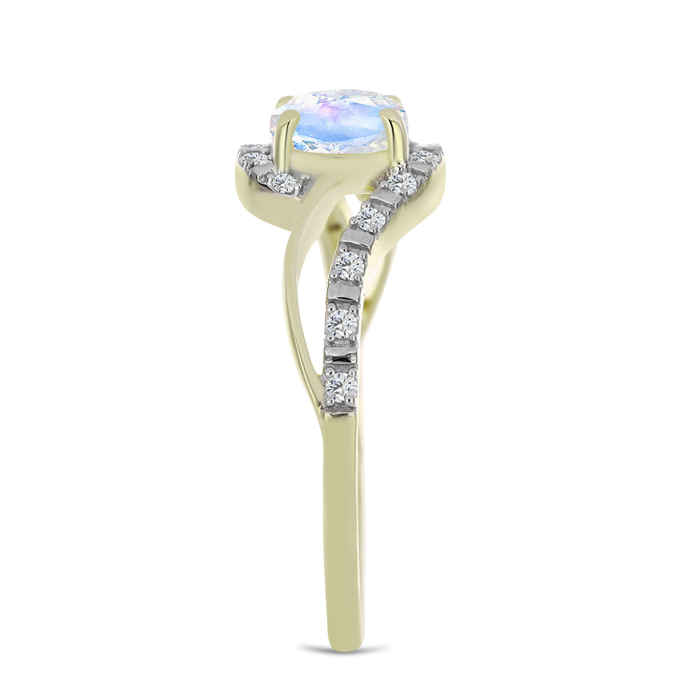 Anillo de Plata Bañada en Oro con Piedra Lunar Arco Iris y Topacio Blanco 2 