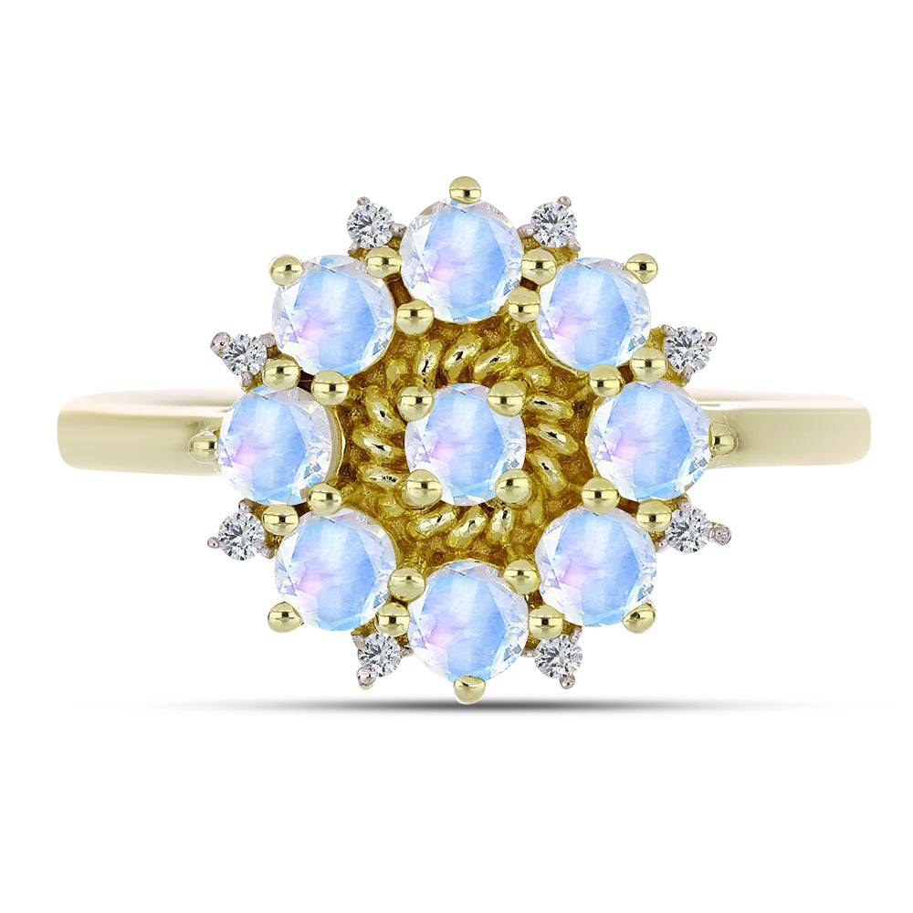 Anillo de Plata Bañada en Oro con Piedra Lunar Arco Iris y Topacio Blanco 1 