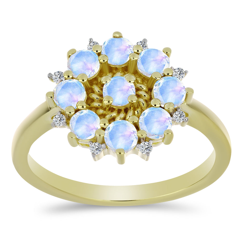 Anillo de Plata Bañada en Oro con Piedra Lunar Arco Iris y Topacio Blanco