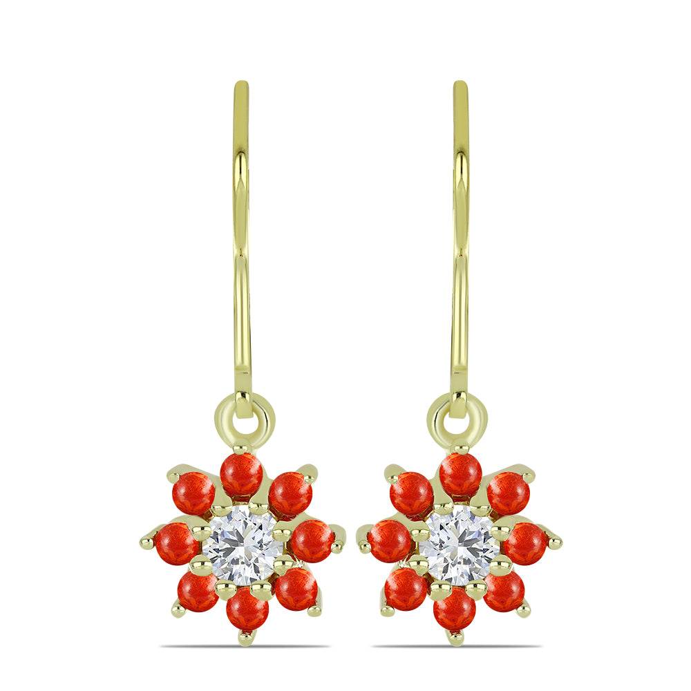 Pendientes de Plata Bañada en Oro con Coral de Esponja Roja y Topacio Blanco 1 