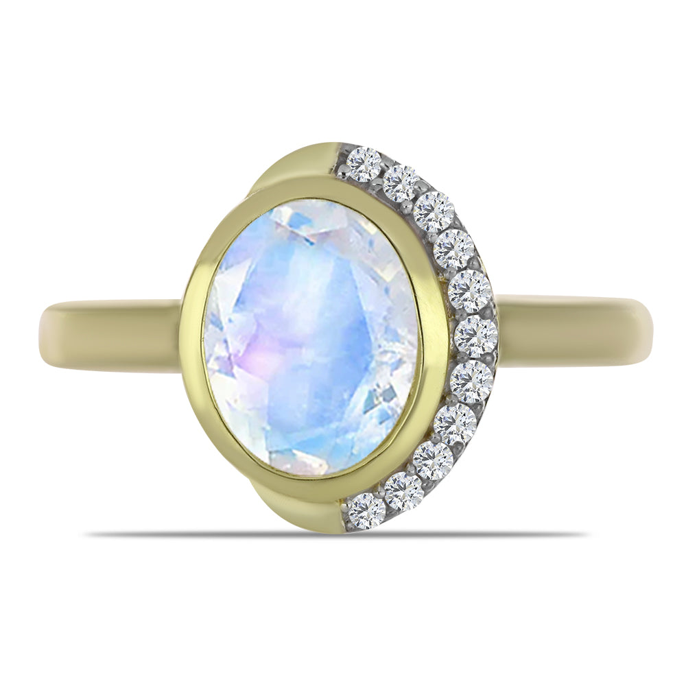Anillo de Plata Bañada en Oro con Piedra Lunar Arco Iris y Topacio Blanco 1 