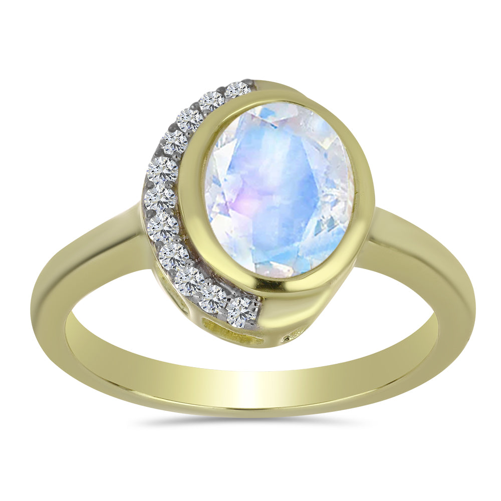 Anillo de Plata Bañada en Oro con Piedra Lunar Arco Iris y Topacio Blanco 3 