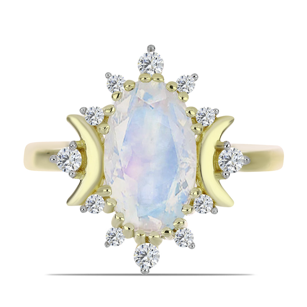 Anillo de Plata Bañada en Oro con Piedra Lunar Arco Iris y Topacio Blanco 1 
