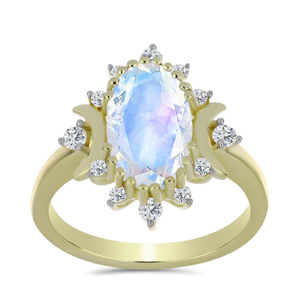 Anillo de Plata Bañada en Oro con Piedra Lunar Arco Iris y Topacio Blanco