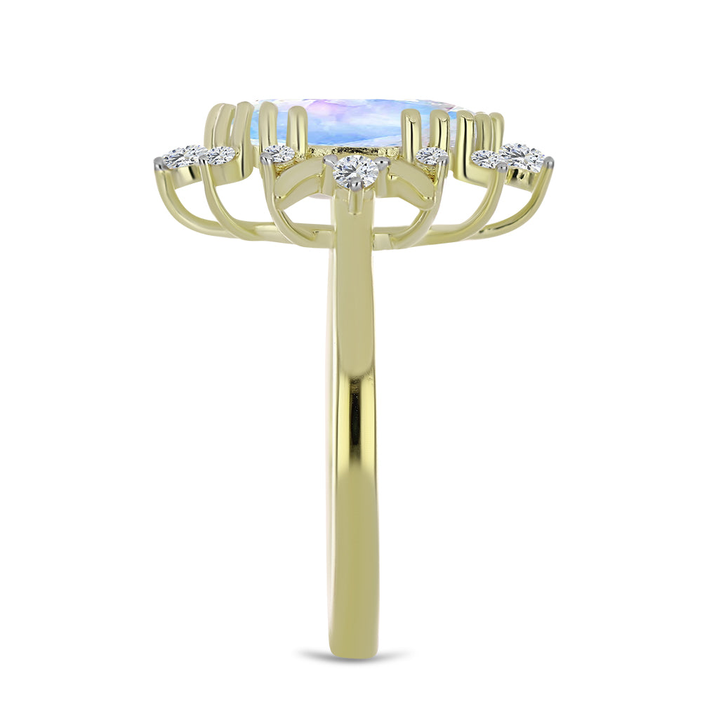 Anillo de Plata Bañada en Oro con Piedra Lunar Arco Iris y Topacio Blanco 4 