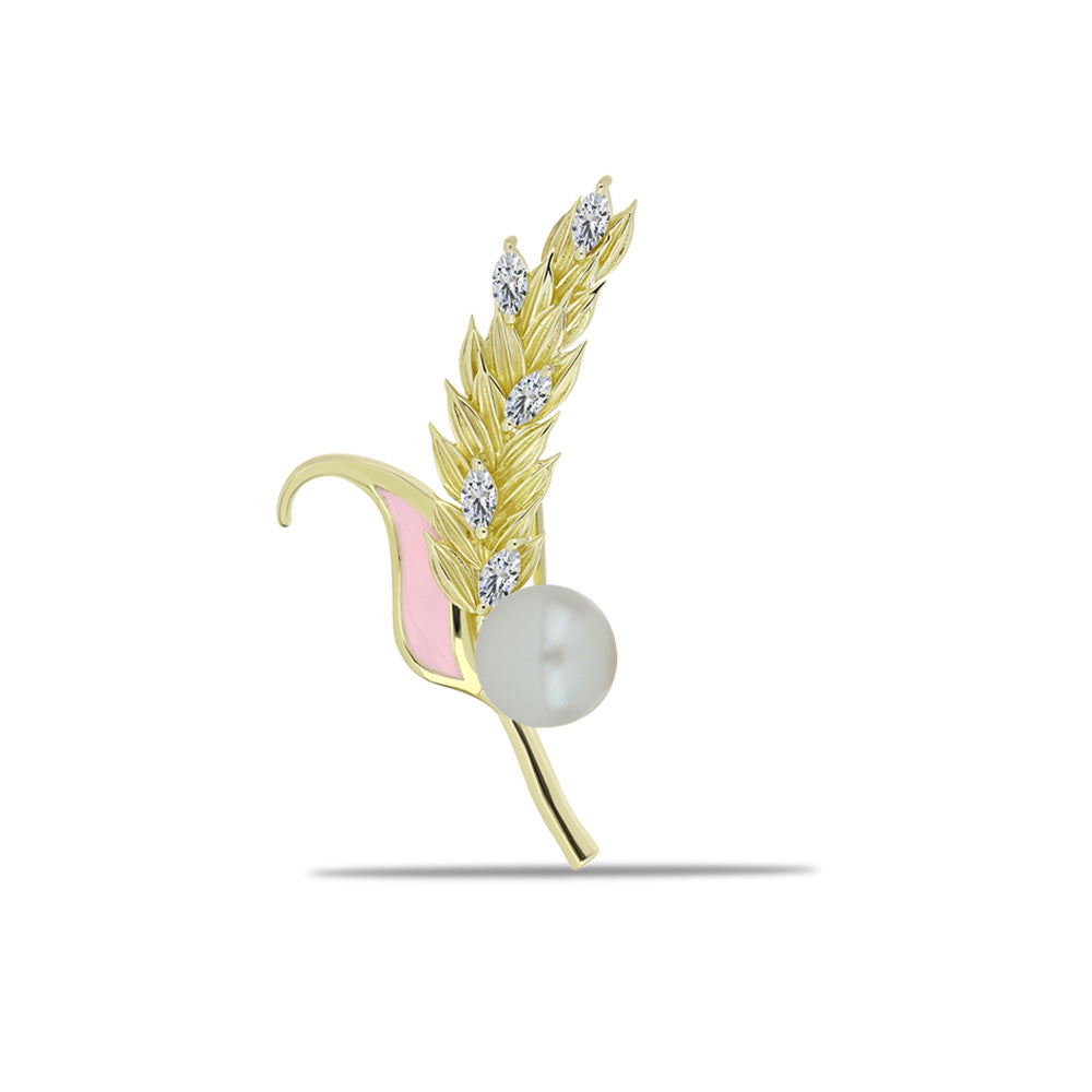 Broche de Plata Bañada en Oro con Perla blanca de agua dulce y Topacio Blanco 2 